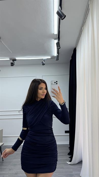 Lacivert Drapeli Asimetrik Kesim Esnek Elbise
