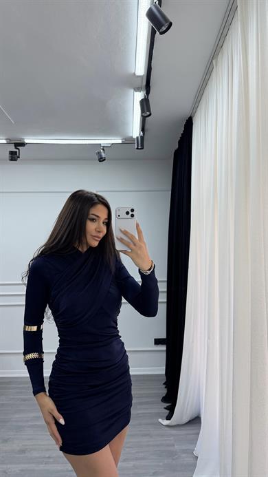 Lacivert Drapeli Asimetrik Kesim Esnek Elbise