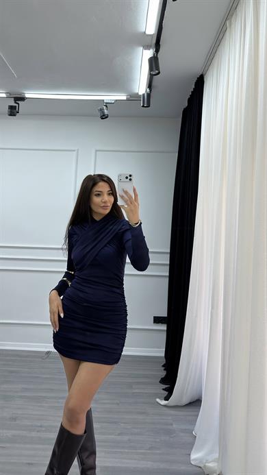 Lacivert Drapeli Asimetrik Kesim Esnek Elbise