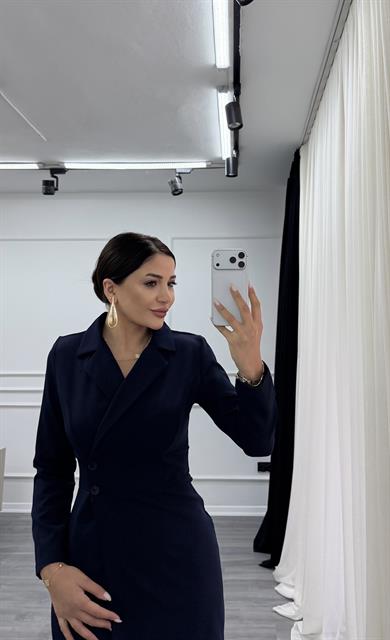 Lacivert Düğme Detaylı Kısa Boy Dokuma Ceket Elbise