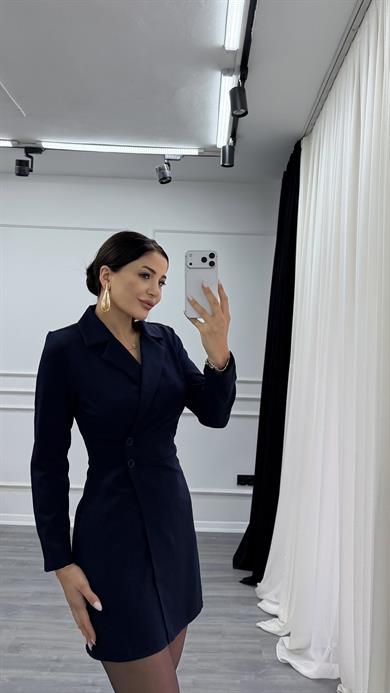 Lacivert Düğme Detaylı Kısa Boy Dokuma Ceket Elbise