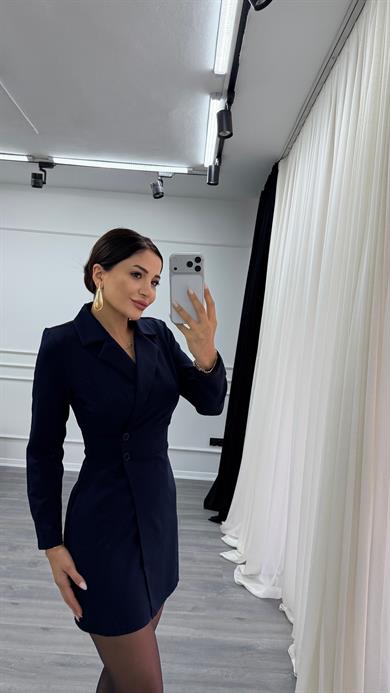 Lacivert Düğme Detaylı Kısa Boy Dokuma Ceket Elbise