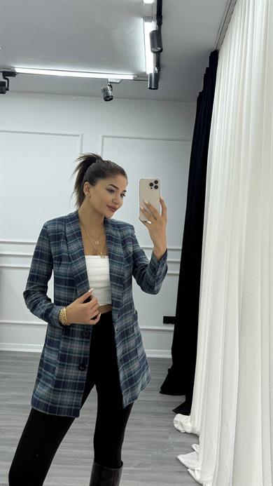 Lacivert Uzun Cepli Ekose Desenli Çift Düğmeli Astarlı Ceket