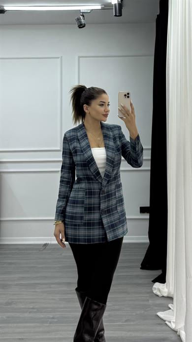 Lacivert Uzun Cepli Ekose Desenli Çift Düğmeli Astarlı Ceket