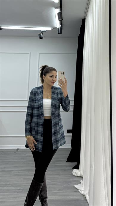 Lacivert Uzun Cepli Ekose Desenli Çift Düğmeli Astarlı Ceket