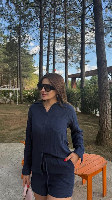 Lacivert Müslin Kumaş Rahat Kesim Gömlek Şort İkili Takım
