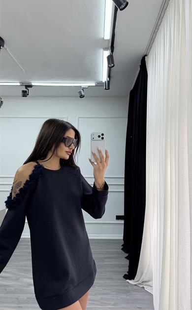 Lacivert Omuz Dekolte Gül Detaylı Sweat Elbise