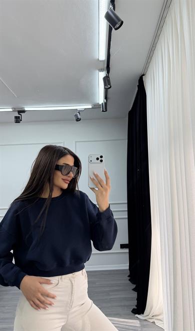 Lacivert Uzun Kollu Bisiklet Yaka Oversize Sweatshirt