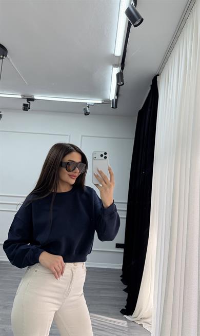 Lacivert Uzun Kollu Bisiklet Yaka Oversize Sweatshirt