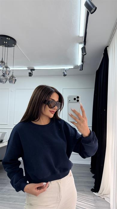 Lacivert Uzun Kollu Bisiklet Yaka Oversize Sweatshirt
