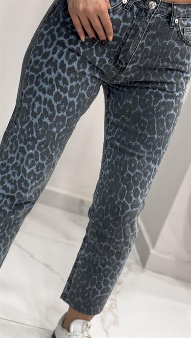 Leopar  Desenli Kesik Jean-Mavi