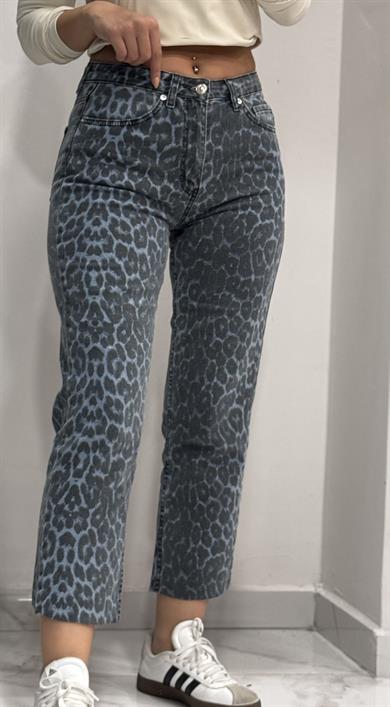 Leopar  Desenli Kesik Jean-Mavi