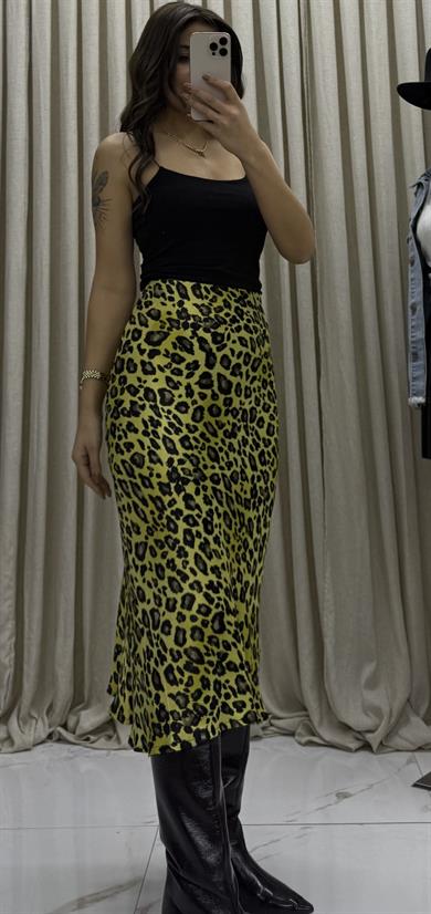 Leopar Desenli Saten Etek -Yeşil