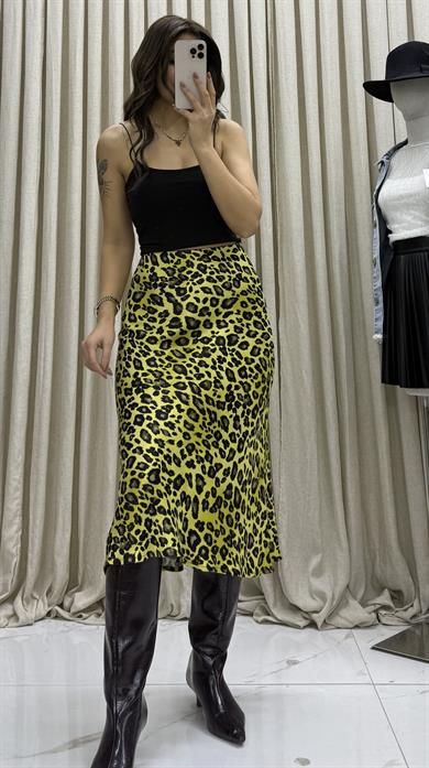 Leopar Desenli Saten Etek -Yeşil