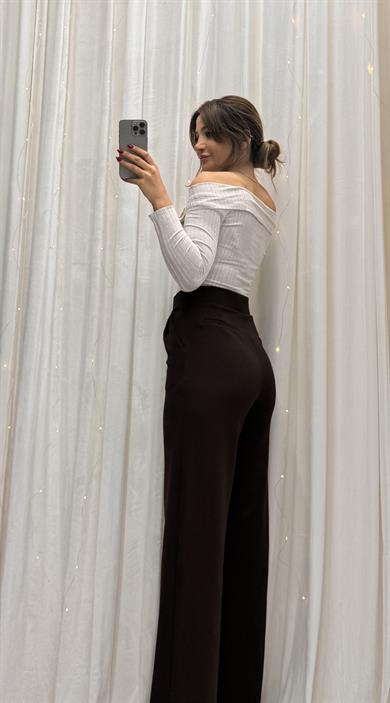 Kahve Likralı Çırtlı Palazzo Pantolon