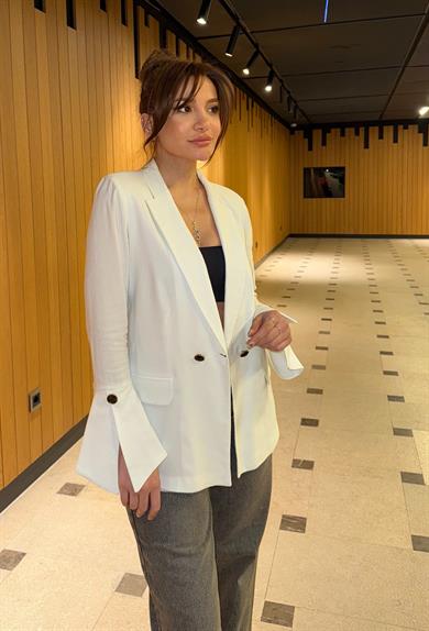 Lüx kalite kol Tasarım Keten Blazer Ceket-Beyaz