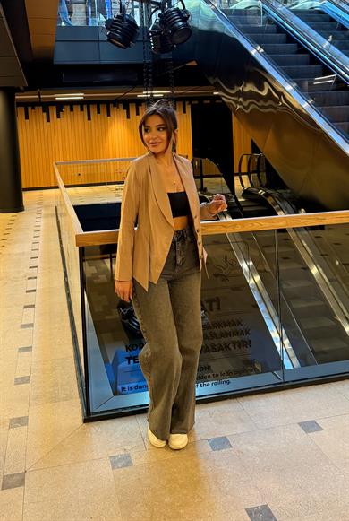 Lüx Kalite Keten Tasarım Ceket Düğmeli-Bej