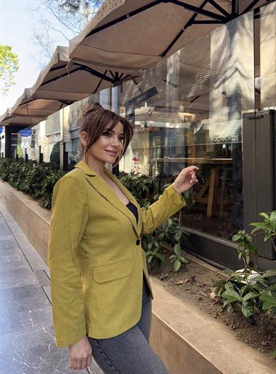 Lüx Kalite Keten Tek Düğmeli Ceket - Yağ Yeşil