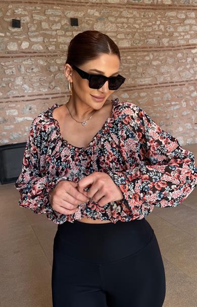 Yuvarlak Yaka Şifon Kumaş Bel Ve kol Lastikli-Pembe