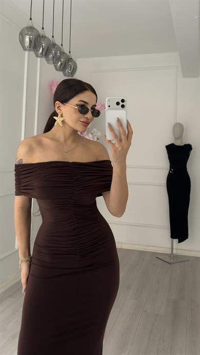 Madonna Yaka Acı Kahve  Drapeli Esnek Elbise-