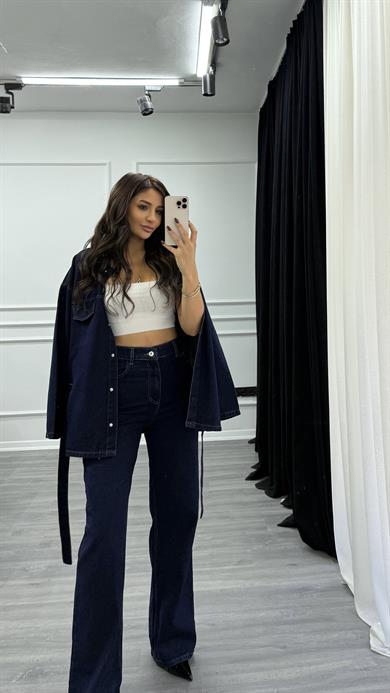 Mavi Bağlamalı Ceket ve Pantolon Denim Takım