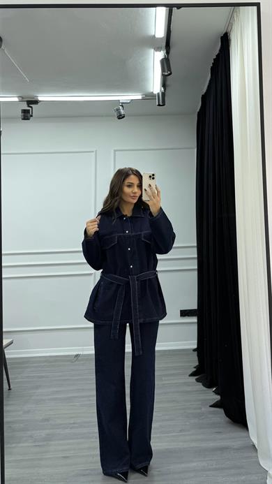 Mavi Bağlamalı Ceket ve Pantolon Denim Takım