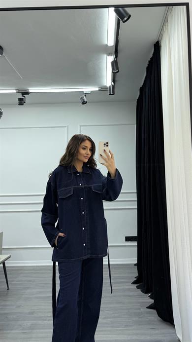 Mavi Bağlamalı Ceket ve Pantolon Denim Takım