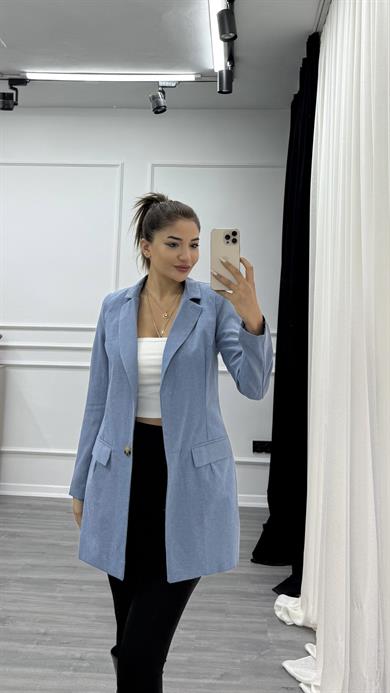 Mavi Düğmeli Keten Blazer Ceket