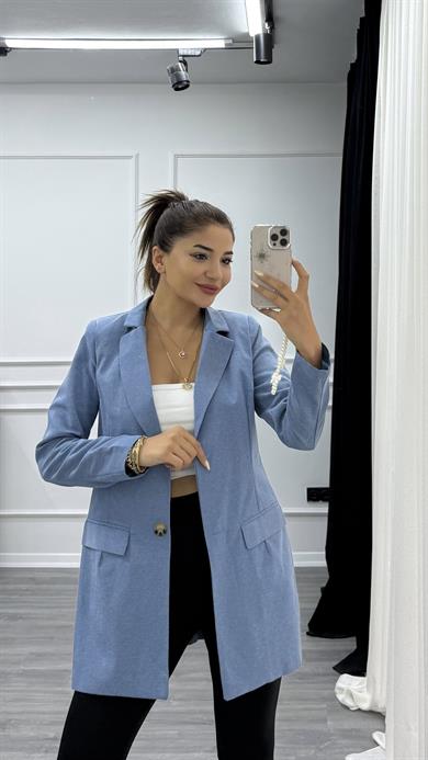Mavi Düğmeli Keten Blazer Ceket