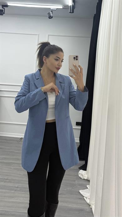 Mavi Düğmesiz Keten Blazer Ceket