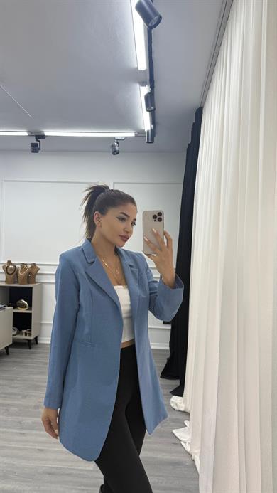 Mavi Düğmesiz Keten Blazer Ceket