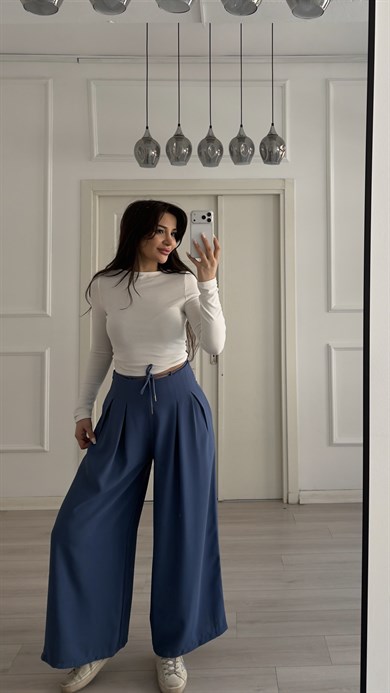 Mavi Pile Detaylı Kemerli Bol Paça Pantolon 