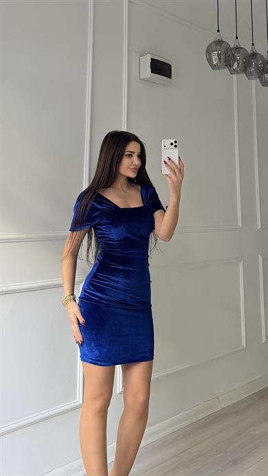 Mavi Yanı Drape Detaylı Elbise