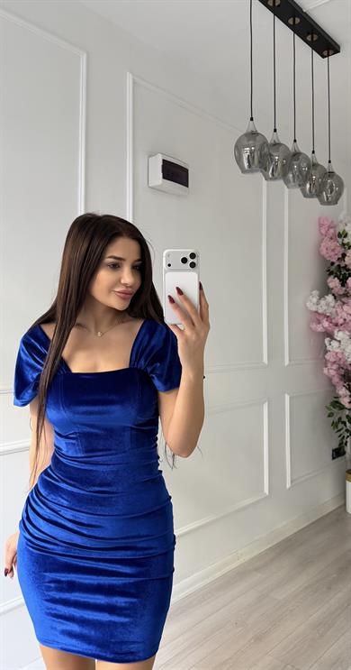 Mavi Yanı Drape Detaylı Elbise