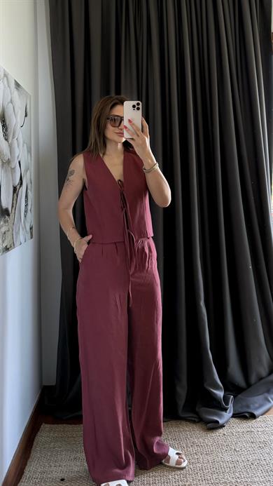 Ön Bağlama Detaylı Yelek Ve Pantolon Bordo İkili Takım