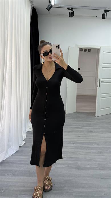 Önden Düğmeli Eni Boyu Esnek Elbise