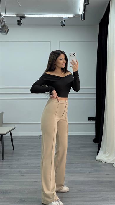 Önü Çimalı İspanyol Paça Palazzo Pantalon Bej