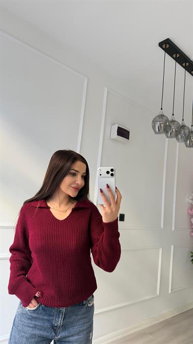 Örme Triko Polo Yaka  Kazak Bordo