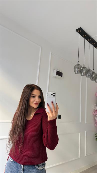 Örme Triko Polo Yaka  Kazak Bordo