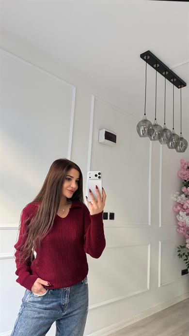 Örme Triko Polo Yaka  Kazak Bordo