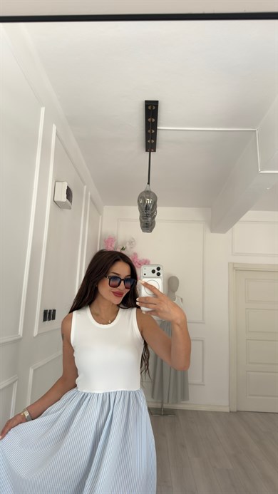 Örme Üstlü Ve Mavi Çizgili Poplin Etekli Elbise