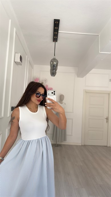 Örme Üstlü Ve Mavi Çizgili Poplin Etekli Elbise