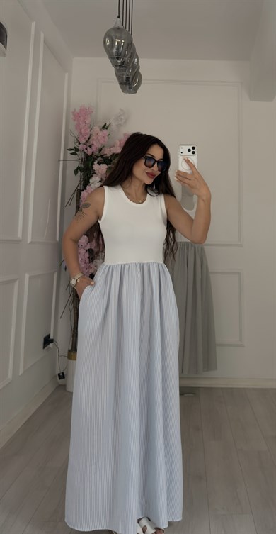 Örme Üstlü Ve Mavi Çizgili Poplin Etekli Elbise