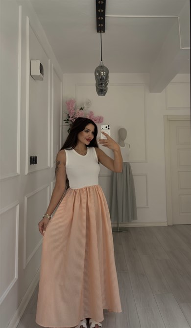 Örme Üstlü Ve Somon Çizgili Poplin Etekli Elbise