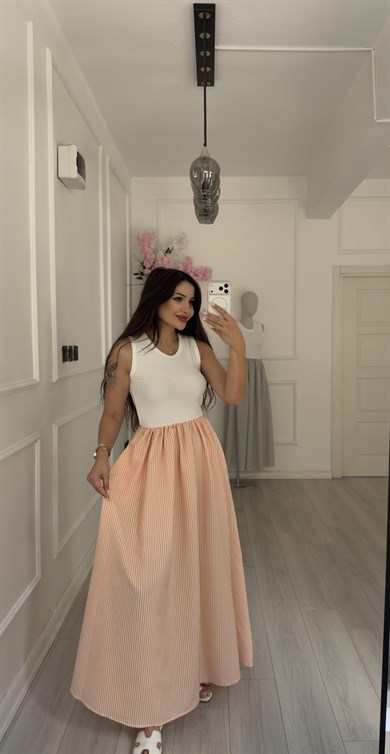 Örme Üstlü Ve Somon Çizgili Poplin Etekli Elbise
