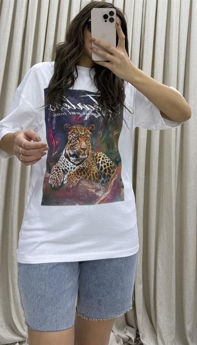 Oversize %100 Pamuk  Fit Baskılı Beyaz T-Shirt