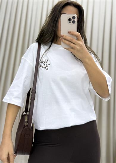 Oversize Bisiklet Yaka Nakışlı Kadın T-Shirt