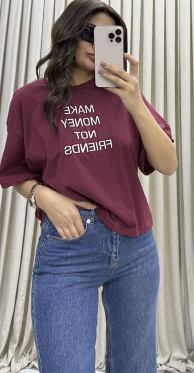 Oversize Kısa Kollu Tshirt - Bordo