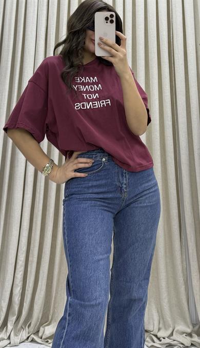 Oversize Kısa Kollu Tshirt - Bordo