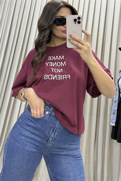 Oversize Kısa Kollu Tshirt - Bordo